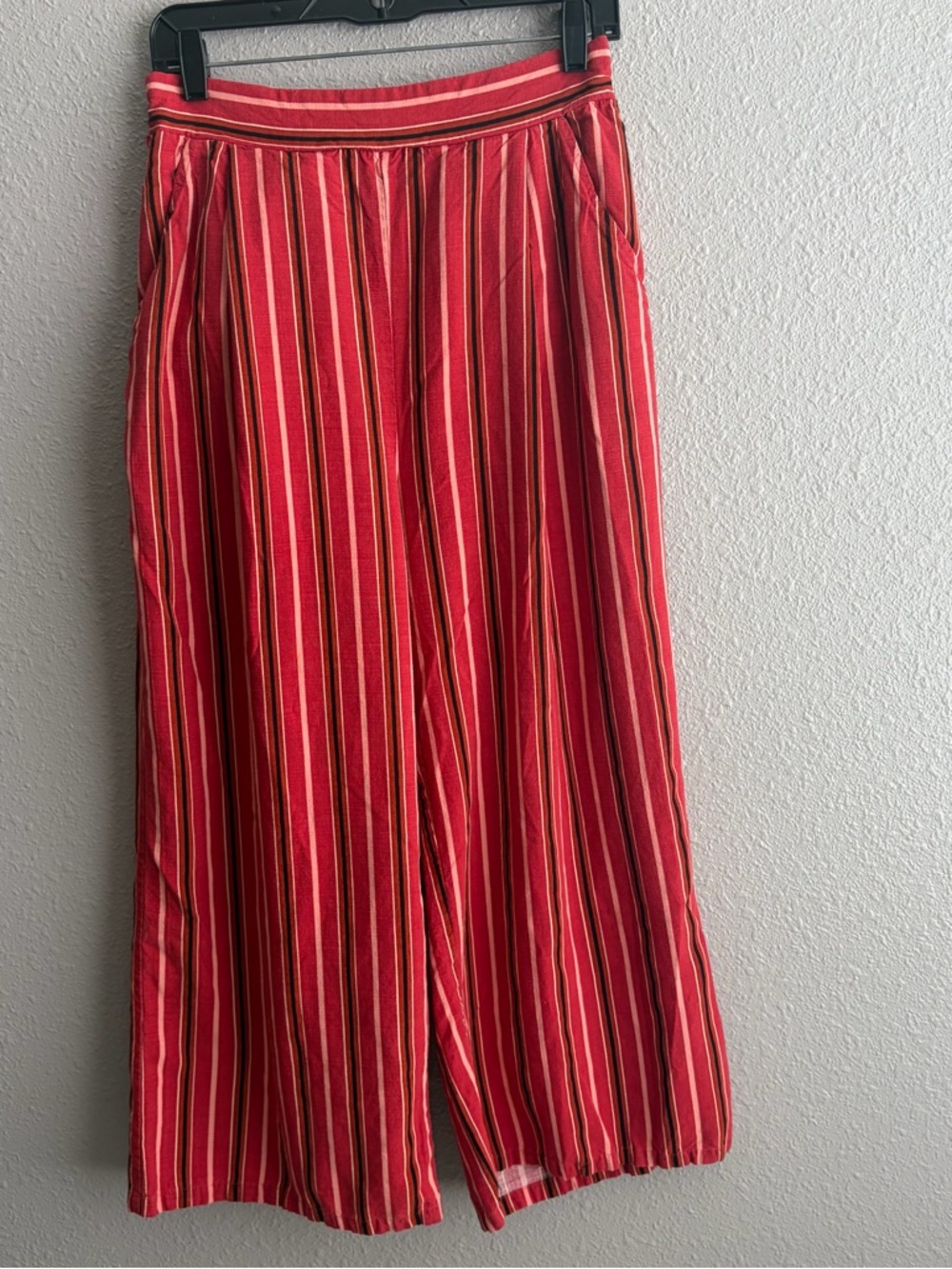 Band Of The Free Anthropologie Red Orange Striped Wide Leg Linen Blend Pants